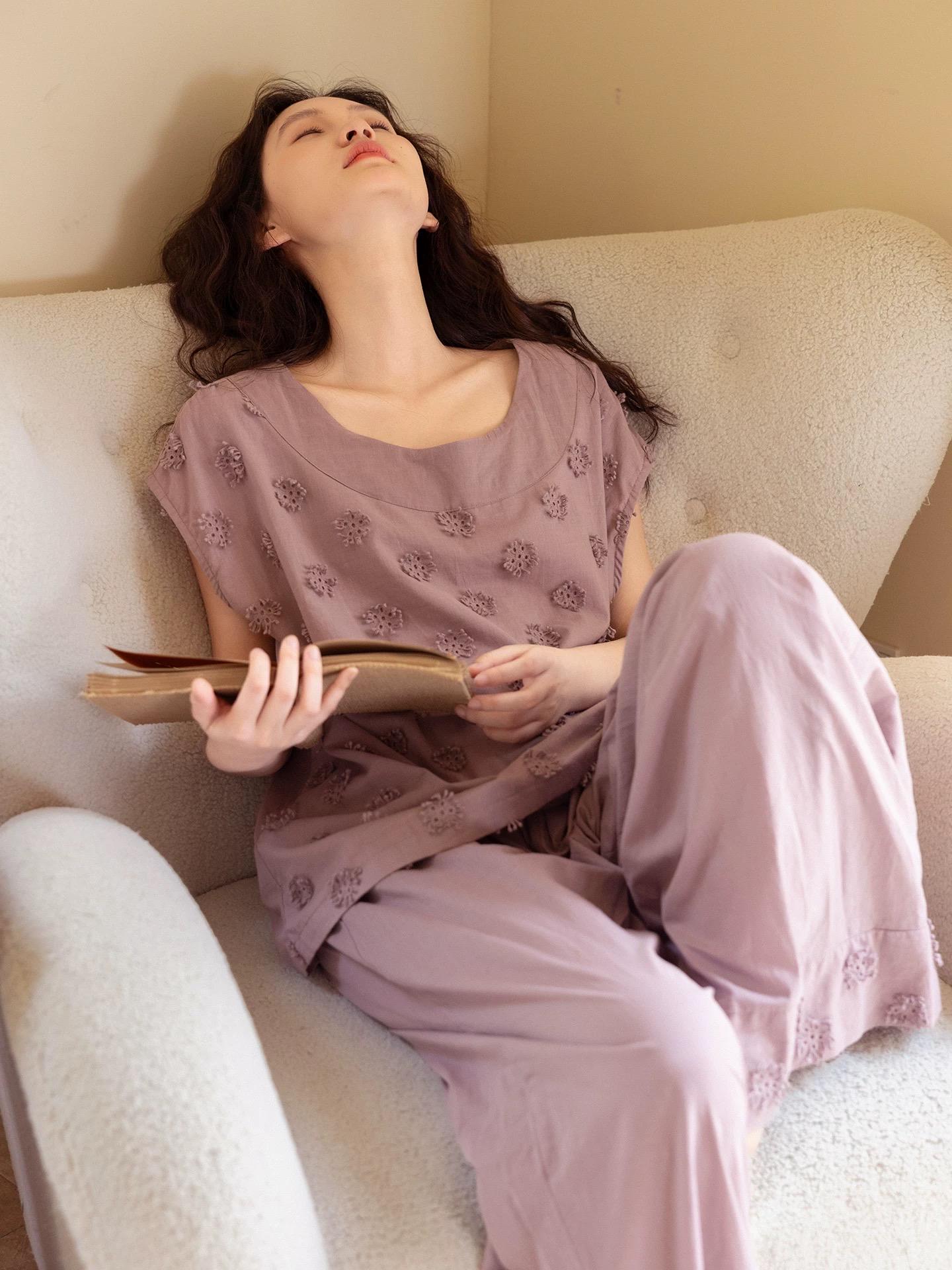 Lian Loungewear embroidered bamboo cotton pajama set with matching top and pants, soft and comfortable sleepwear for women.