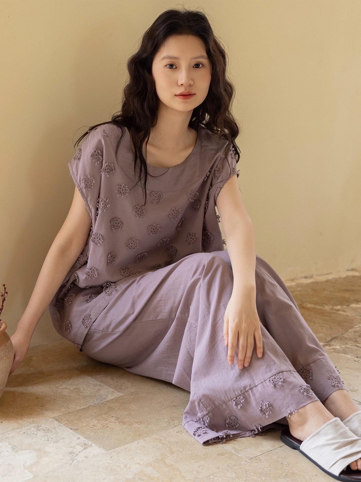 Lian Loungewear embroidered bamboo cotton pajama set with matching top and pants, soft and comfortable sleepwear for women.