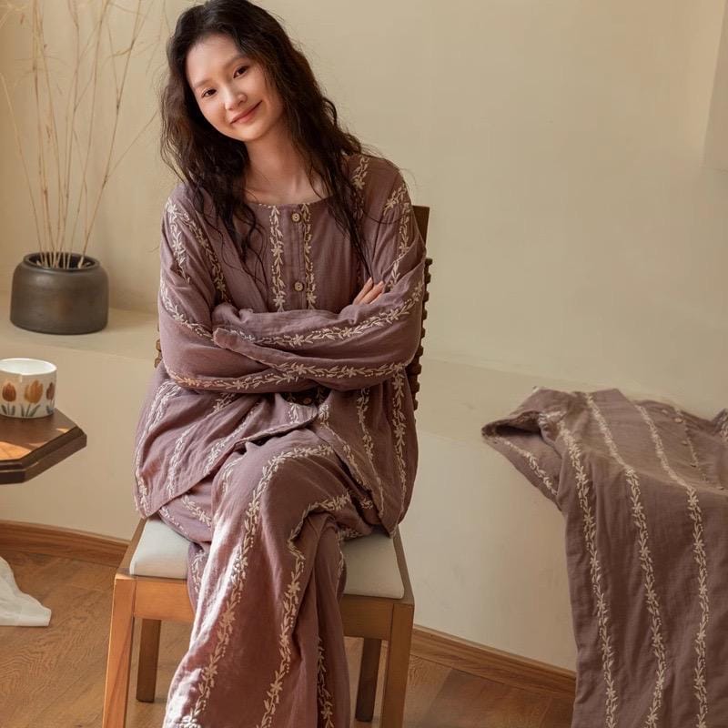 Lian Loungewear embroidered gauze cotton loungewear set with botanical robe dress and pants, soft and comfortable for relaxed wear.