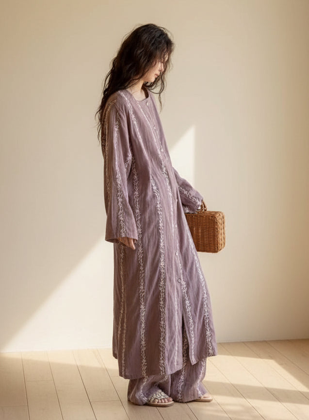 Lian Loungewear embroidered gauze cotton loungewear set with botanical robe, dress, and pants, featuring delicate floral embroidery.