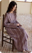 Lian Loungewear embroidered gauze cotton loungewear set with botanical robe dress and pants, featuring delicate embroidery and soft fabric.