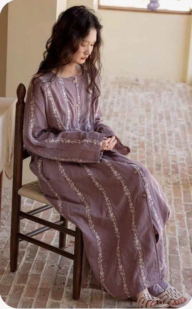 Lian Loungewear embroidered gauze cotton loungewear set with botanical robe dress and pants, featuring delicate embroidery and soft fabric.