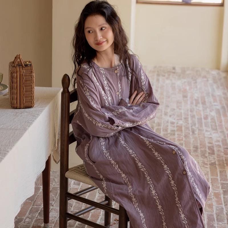 Lian Loungewear embroidered gauze cotton loungewear set with botanical robe dress and pants, soft and breathable for relaxed wear.