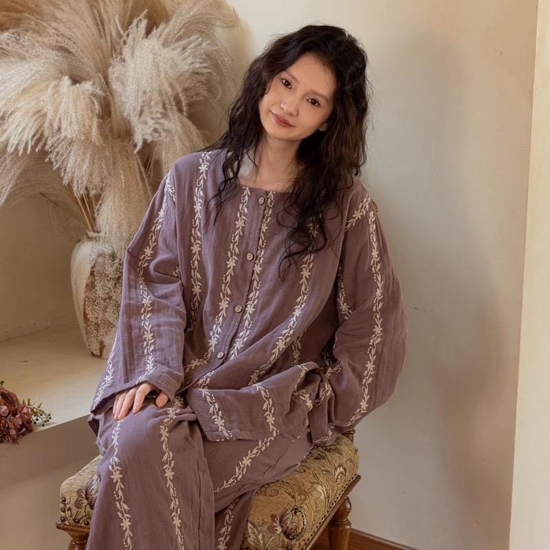 Lian Loungewear embroidered gauze cotton loungewear set with botanical robe, dress, and pants in soft, breathable fabric.