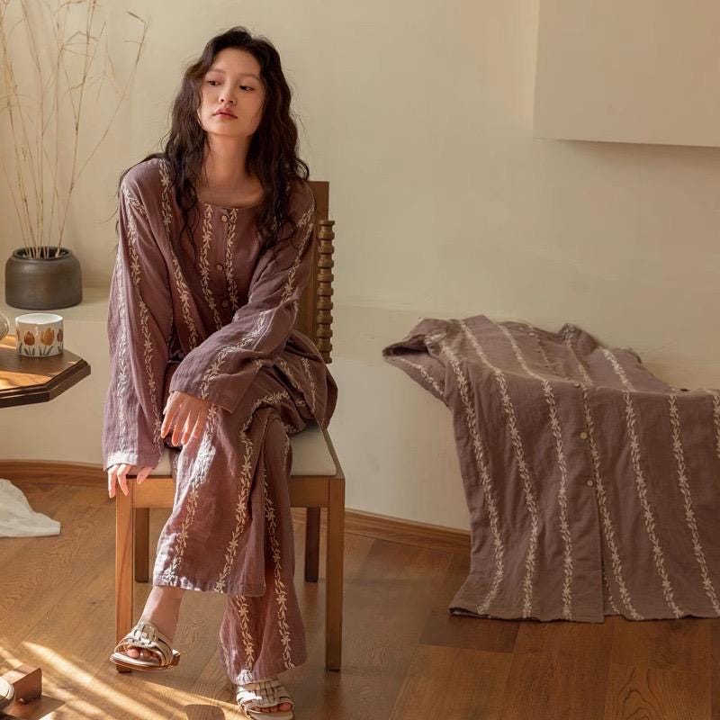 Lian Loungewear embroidered gauze cotton loungewear set with botanical robe, dress, or pants, featuring delicate embroidery and lightweight fabric.