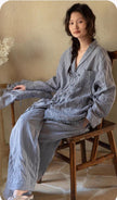 Lian Loungewear gauze cotton loungewear set with breathable linen-look fabric, featuring relaxed pants and top for comfortable lounging.
