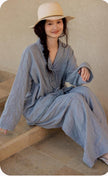 Lian Loungewear gauze cotton loungewear set with breathable linen-look fabric, includes relaxed pants and matching top.