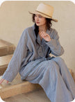 Lian Loungewear gauze cotton loungewear set with breathable linen-look fabric, including matching pants and top in soft, comfortable material.
