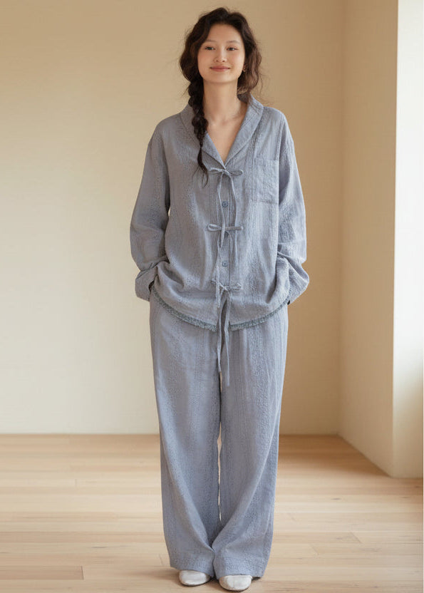 Lian Loungewear gauze cotton loungewear set with breathable linen-look fabric, includes matching pants and top for relaxed comfort.