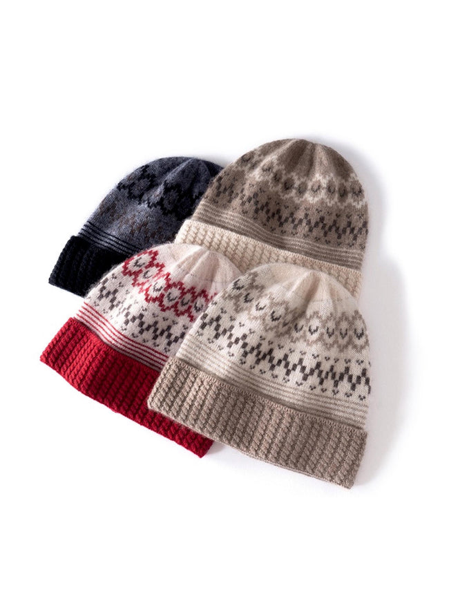 Oatmeal white Fair Isle cashmere beanie with Nordic knit pattern, cozy winter hat by Lian Loungewear, perfect for gifting.