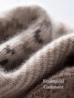 Oatmeal white Fair Isle cashmere beanie by Lian Loungewear featuring Nordic knit pattern, cozy winter hat, gift-ready design