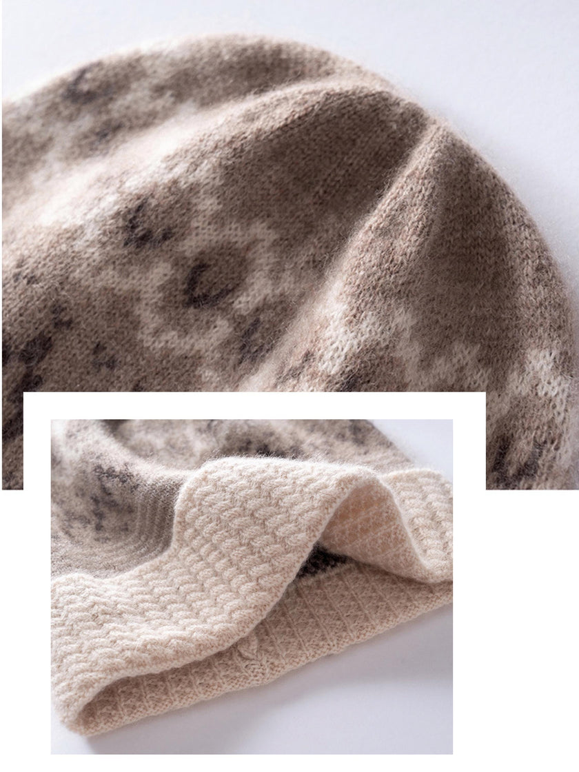 Oatmeal white Fair Isle cashmere beanie by Lian Loungewear featuring Nordic knit pattern, cozy winter hat, perfect for gifting