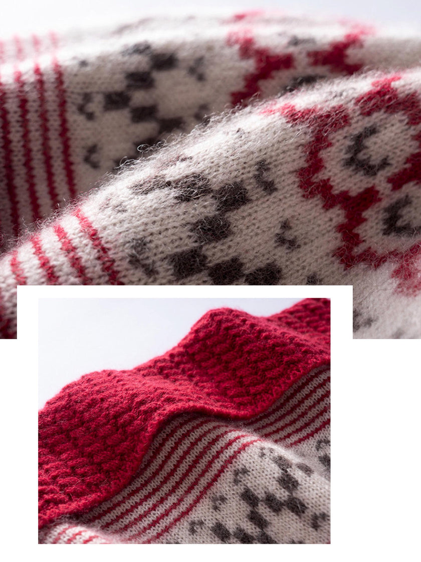 Oatmeal white Fair Isle cashmere beanie by Lian Loungewear featuring Nordic knit pattern, cozy winter hat, gift-ready design