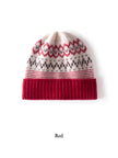 Oatmeal white Fair Isle cashmere beanie with Nordic knit pattern, cozy winter hat by Lian Loungewear, suitable for gifting.