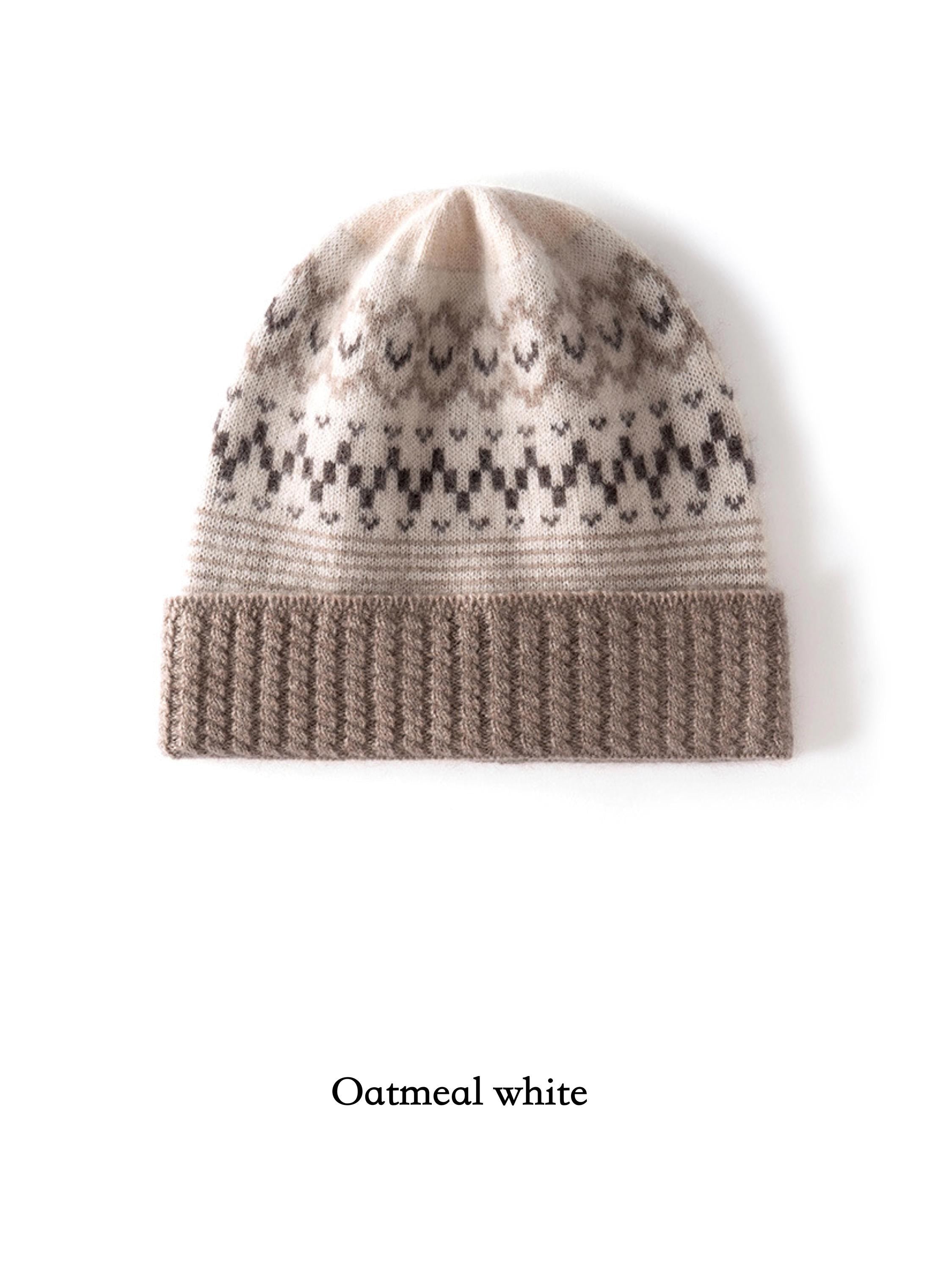 Oatmeal white Fair Isle cashmere beanie by Lian Loungewear featuring Nordic knit pattern, cozy winter hat, gift-ready design.