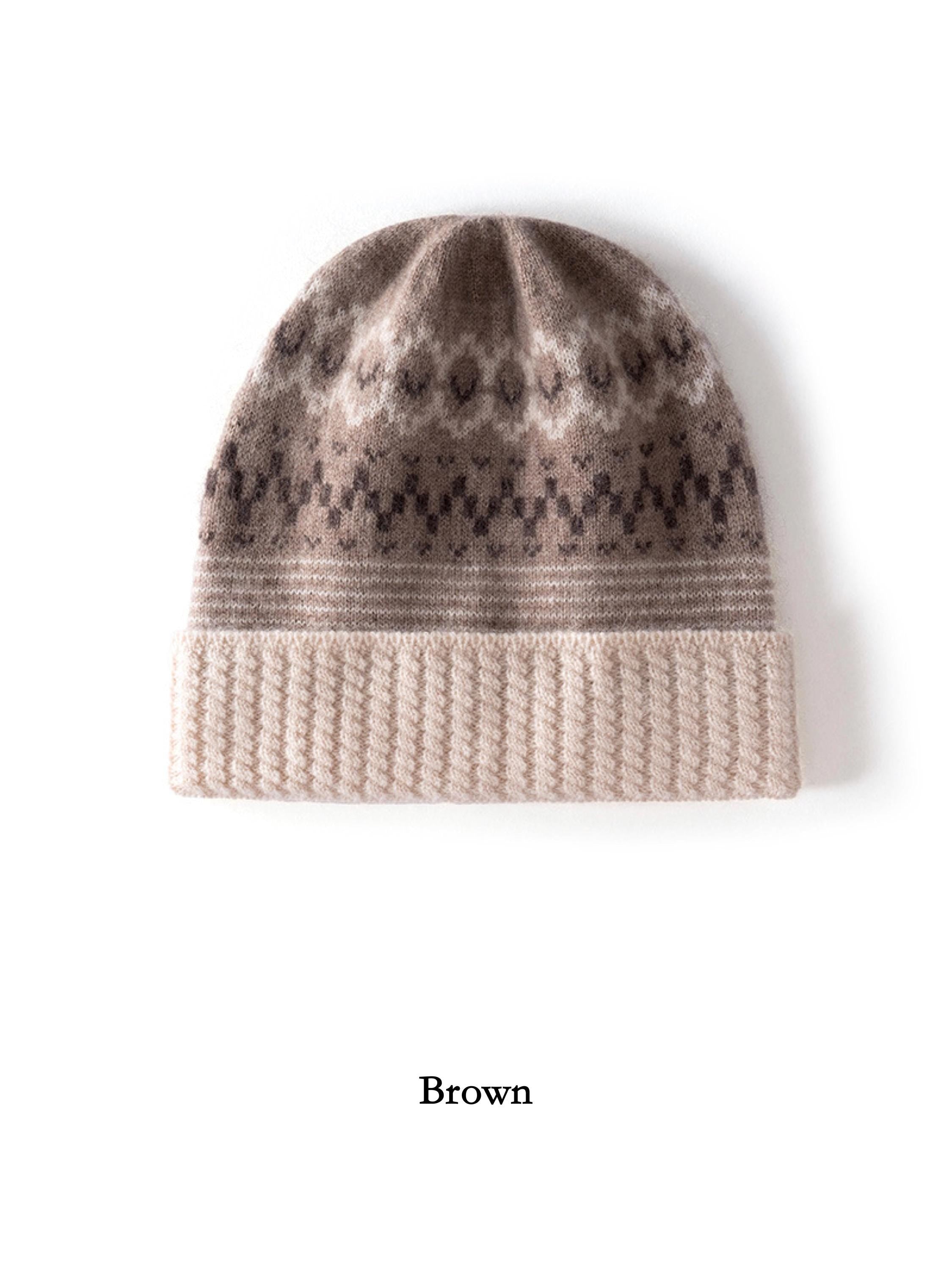 Oatmeal white Fair Isle cashmere beanie by Lian Loungewear, Nordic knit winter hat with intricate pattern, cozy and gift-ready.