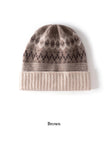 Oatmeal white Fair Isle cashmere beanie by Lian Loungewear, Nordic knit winter hat with intricate pattern, cozy and gift-ready.