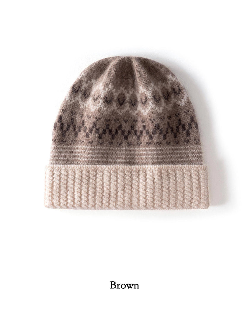 Oatmeal white Fair Isle cashmere beanie by Lian Loungewear, Nordic knit winter hat with intricate pattern, cozy and gift-ready.