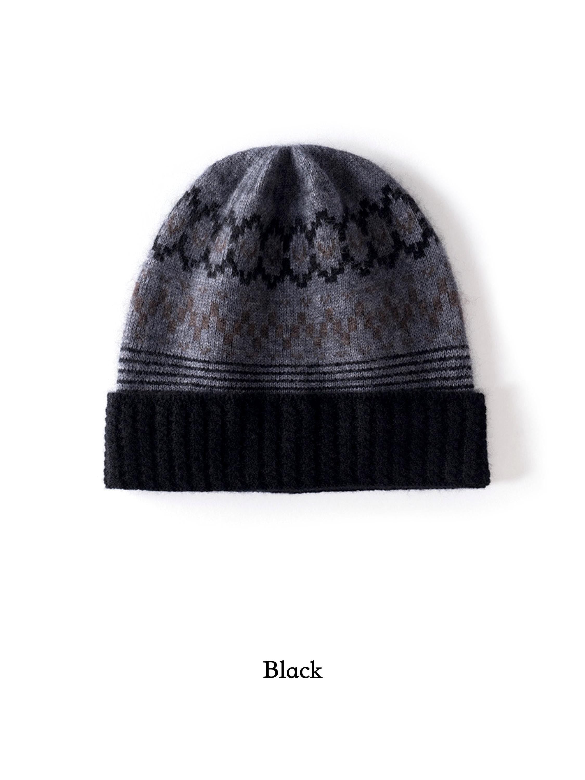 Oatmeal white Fair Isle cashmere beanie by Lian Loungewear with Nordic knit pattern, cozy winter hat, gift-ready design