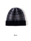 Oatmeal white Fair Isle cashmere beanie by Lian Loungewear with Nordic knit pattern, cozy winter hat, gift-ready design