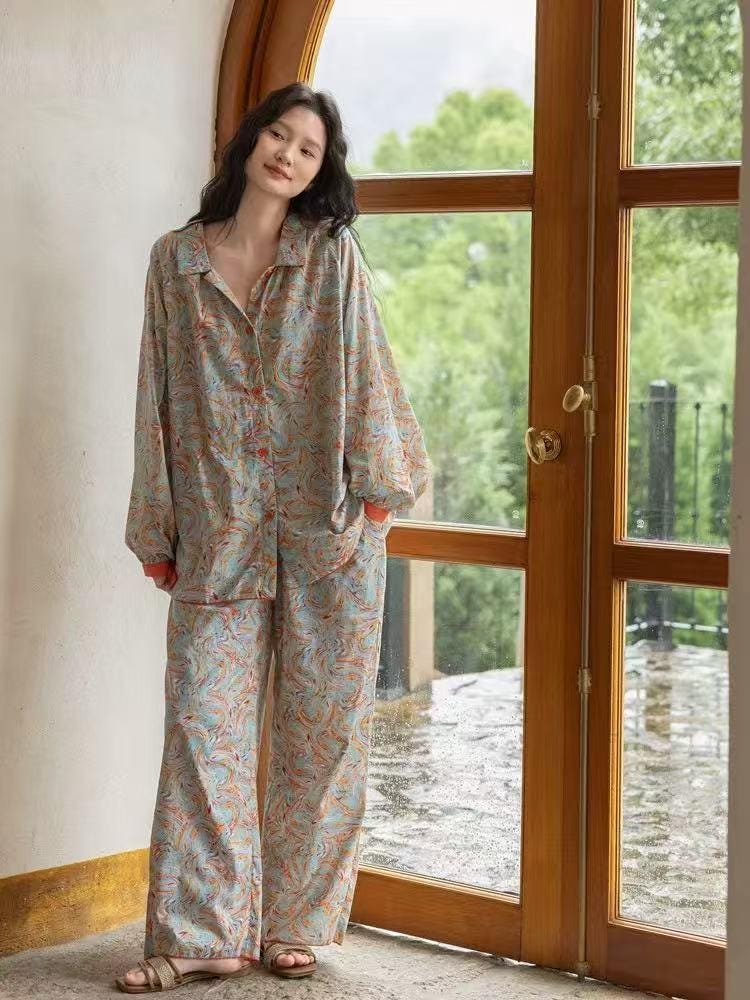 Lian Loungewear bamboo cotton pajama set with lightweight fabric and button-up top, featuring relaxed fit and comfortable design.