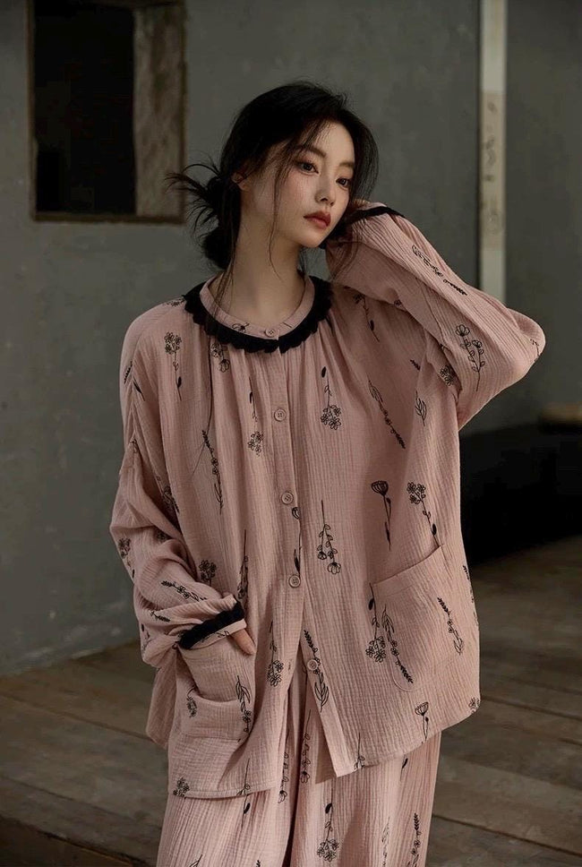 Pink gauze cotton pajama set for women from Lian Loungewear, featuring a relaxed fit and comfortable fabric for lounging.