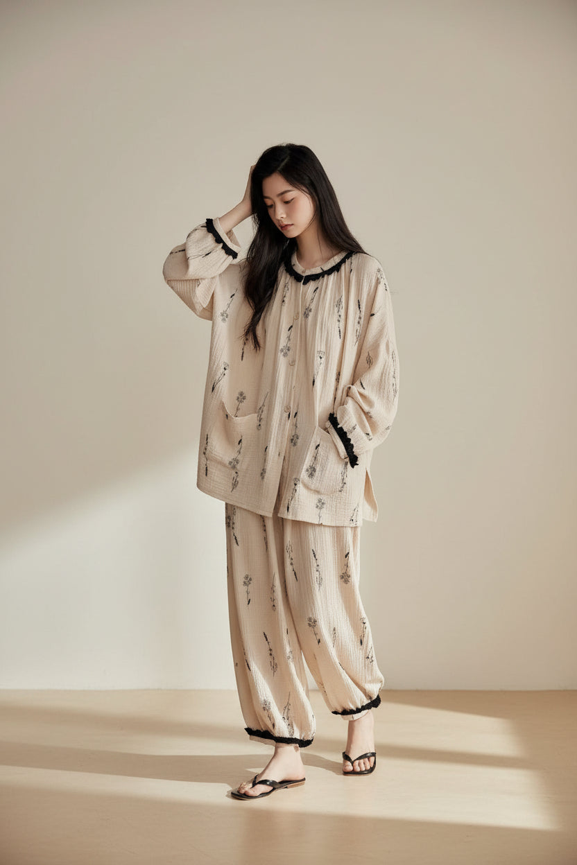 Pink gauze cotton pajama set for women by Lian Loungewear, featuring comfortable relaxed-fit top and pants.