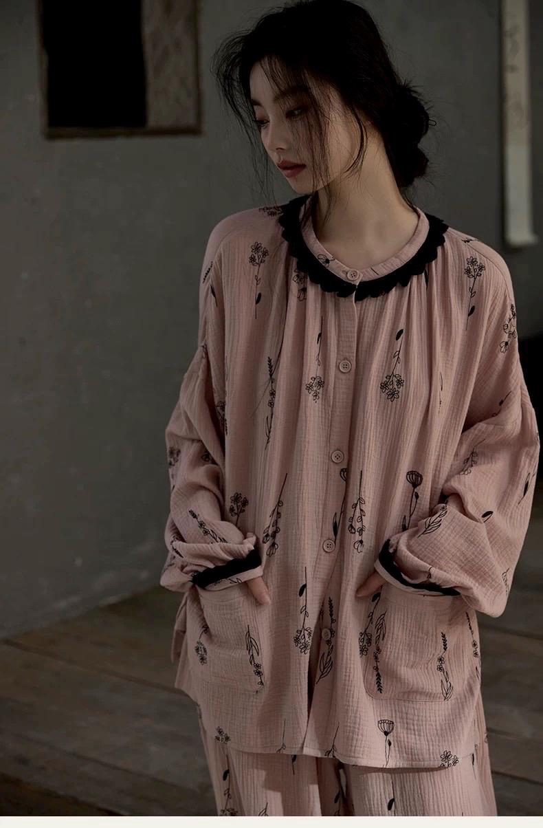 Pink gauze cotton pajama set for women by Lian Loungewear, featuring a relaxed fit and comfortable fabric for lounging.