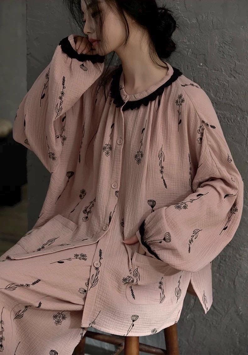 Pink gauze cotton pajama set for women by Lian Loungewear, featuring a comfortable, relaxed fit and soft fabric for cozy nights.