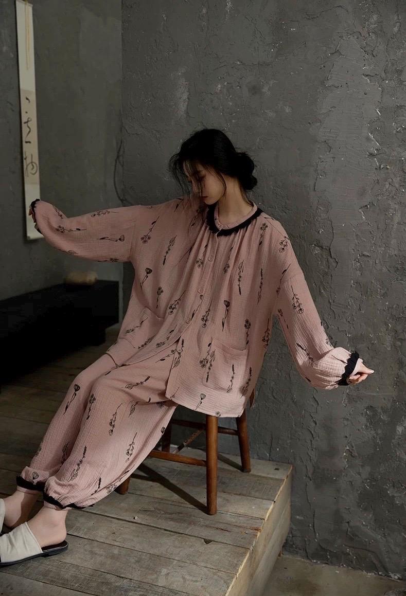 Pink gauze cotton pajama set for women by Lian Loungewear, featuring a relaxed fit and comfortable design for sleep and lounge.