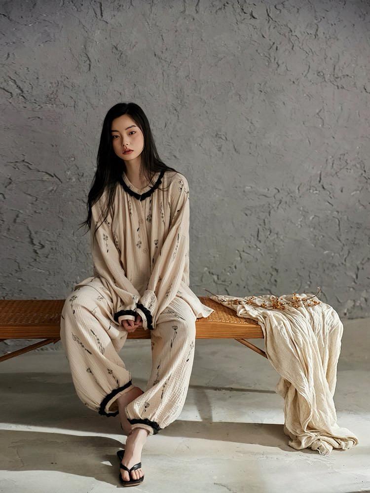 Pink gauze cotton pajama set for women by Lian Loungewear, featuring a comfortable relaxed fit and soft fabric.