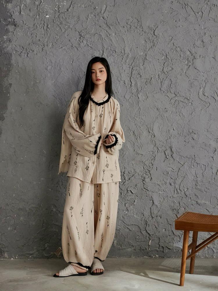 Pink gauze cotton pajama set for women by Lian Loungewear, featuring a relaxed fit and comfortable fabric.