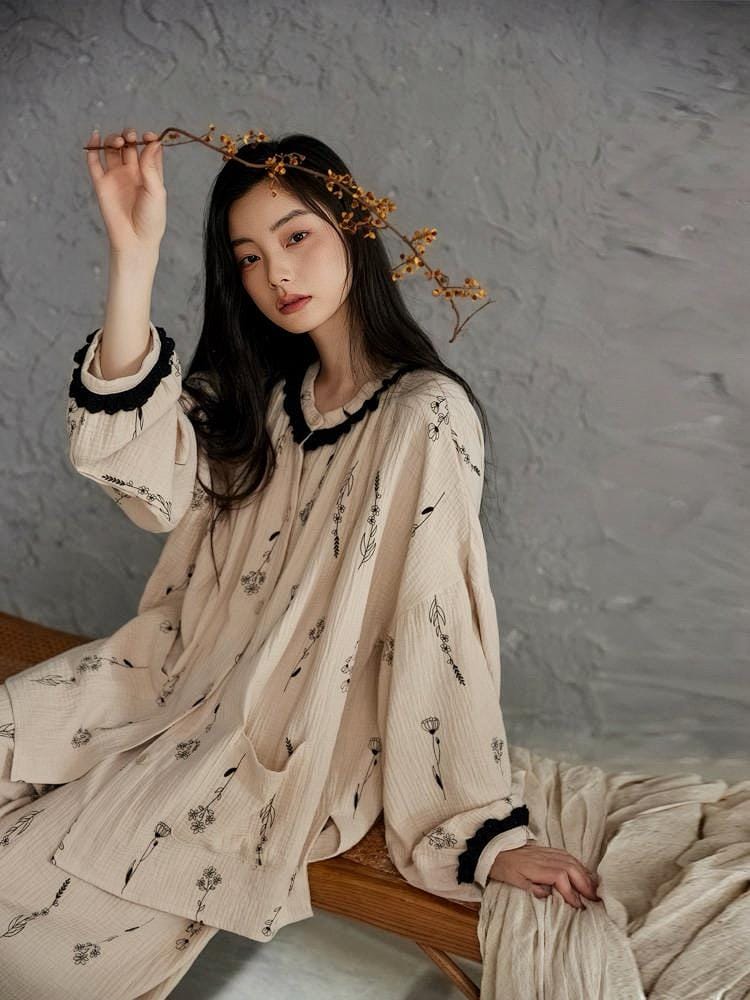 Pink gauze cotton pajama set for women by Lian Loungewear, featuring a comfortable, relaxed fit with short sleeves and pants.