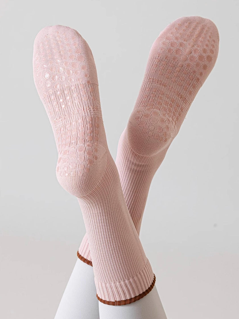Pink Lian Loungewear Pilates compression socks for women with non-slip grip, arch support, and tight fit for stability during yoga and barre.