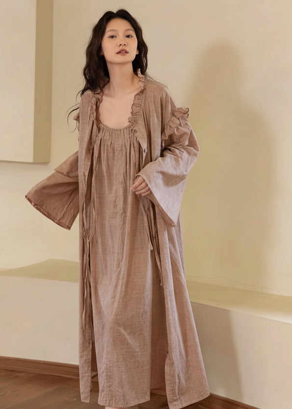 Bamboo cotton dress and robe set by Lian Loungewear with ruffle trim, featuring a comfortable, relaxed fit and elegant design.