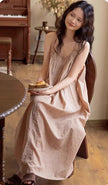 Lian Loungewear bamboo cotton dress and robe set with ruffle trim, soft and comfortable loungewear for relaxing at home.
