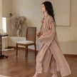 Lian Loungewear bamboo cotton dress and robe set with ruffle trim, featuring a comfortable, lightweight loungewear design.