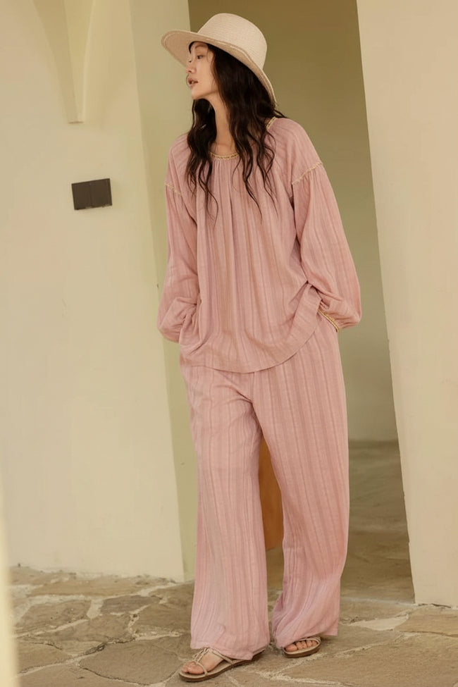 100% Cotton Jacquard Pajama Set Loungewear With Lining Soft Pink, Breathable Soft Muslin Pyjamas