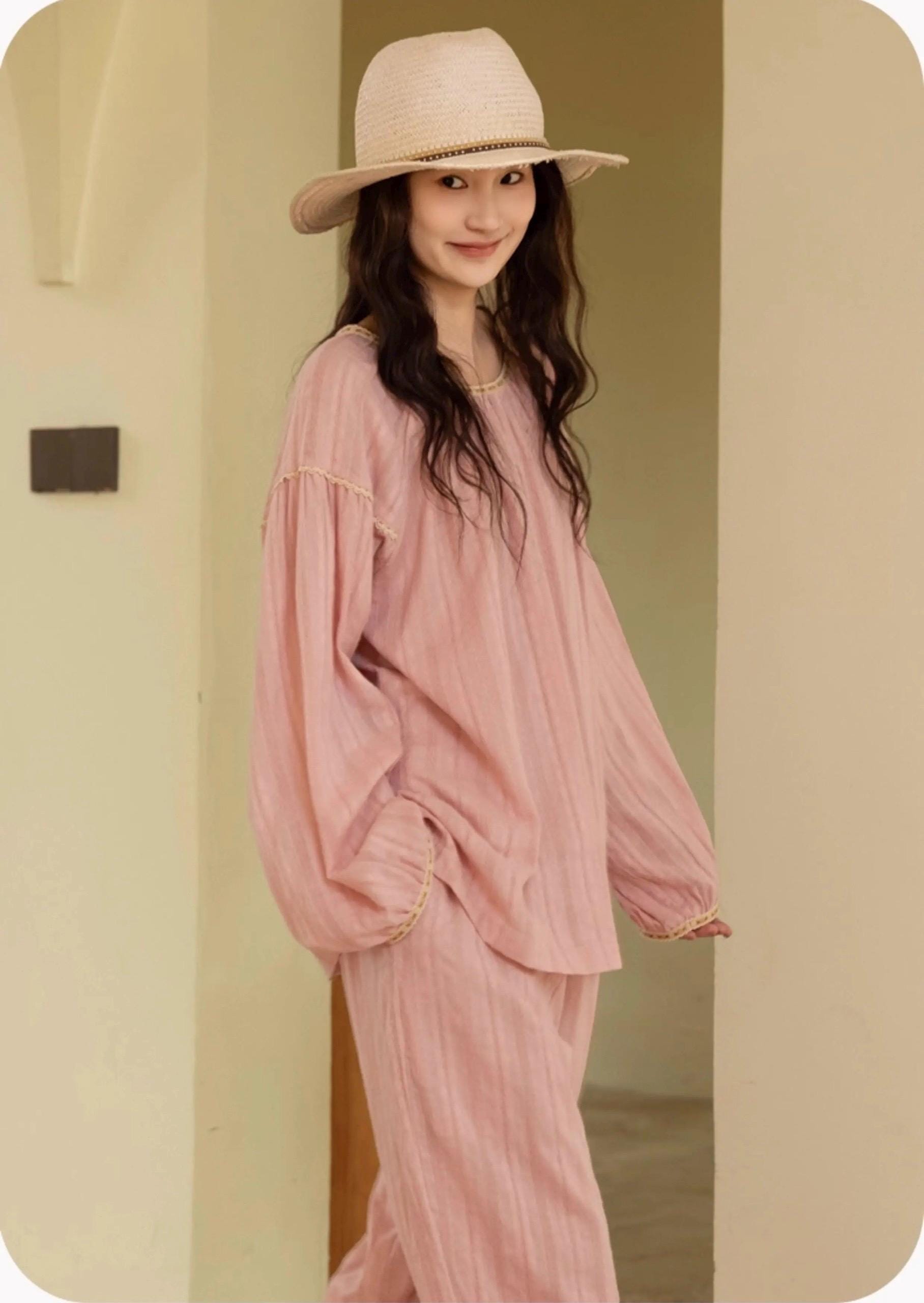 100% Cotton Jacquard Pajama Set Loungewear With Lining Soft Pink, Breathable Soft Muslin Pyjamas