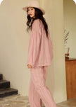 100% Cotton Jacquard Pajama Set Loungewear With Lining Soft Pink, Breathable Soft Muslin Pyjamas