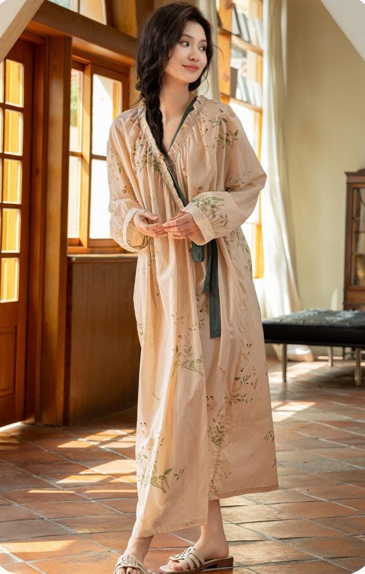Lian Loungewear embroidered bamboo cotton kimono-style bathrobe, lightweight loungewear with intricate embroidery and sash closure.
