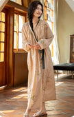 Lian Loungewear embroidered bamboo cotton kimono-style bathrobe, lightweight loungewear with intricate embroidery and sash closure.