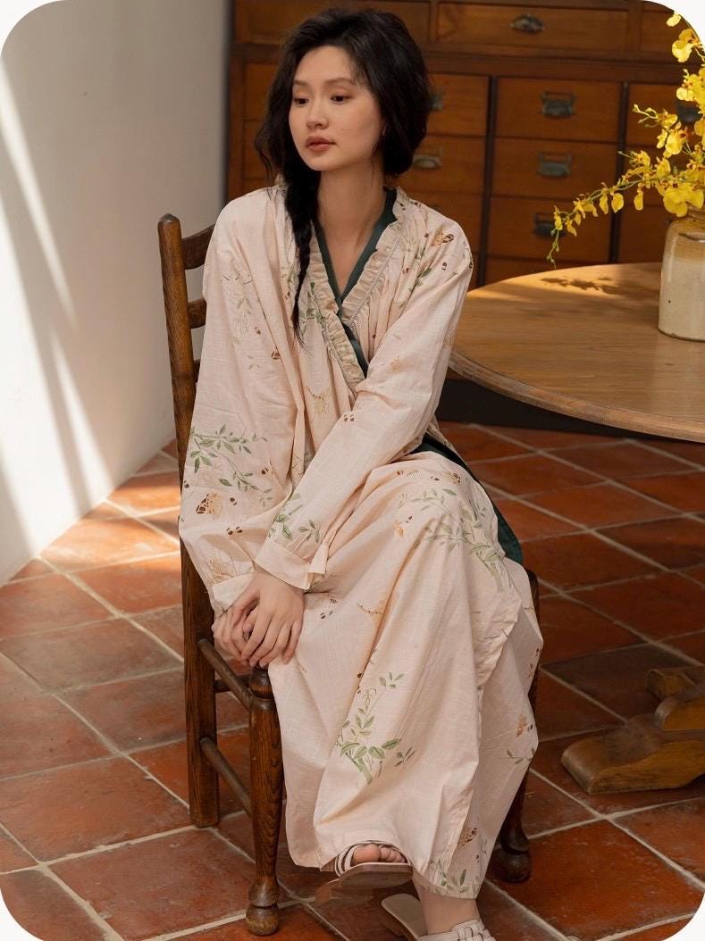 Lian Loungewear embroidered bamboo cotton kimono-style bathrobe, lightweight loungewear with intricate embroidery, full-length design.