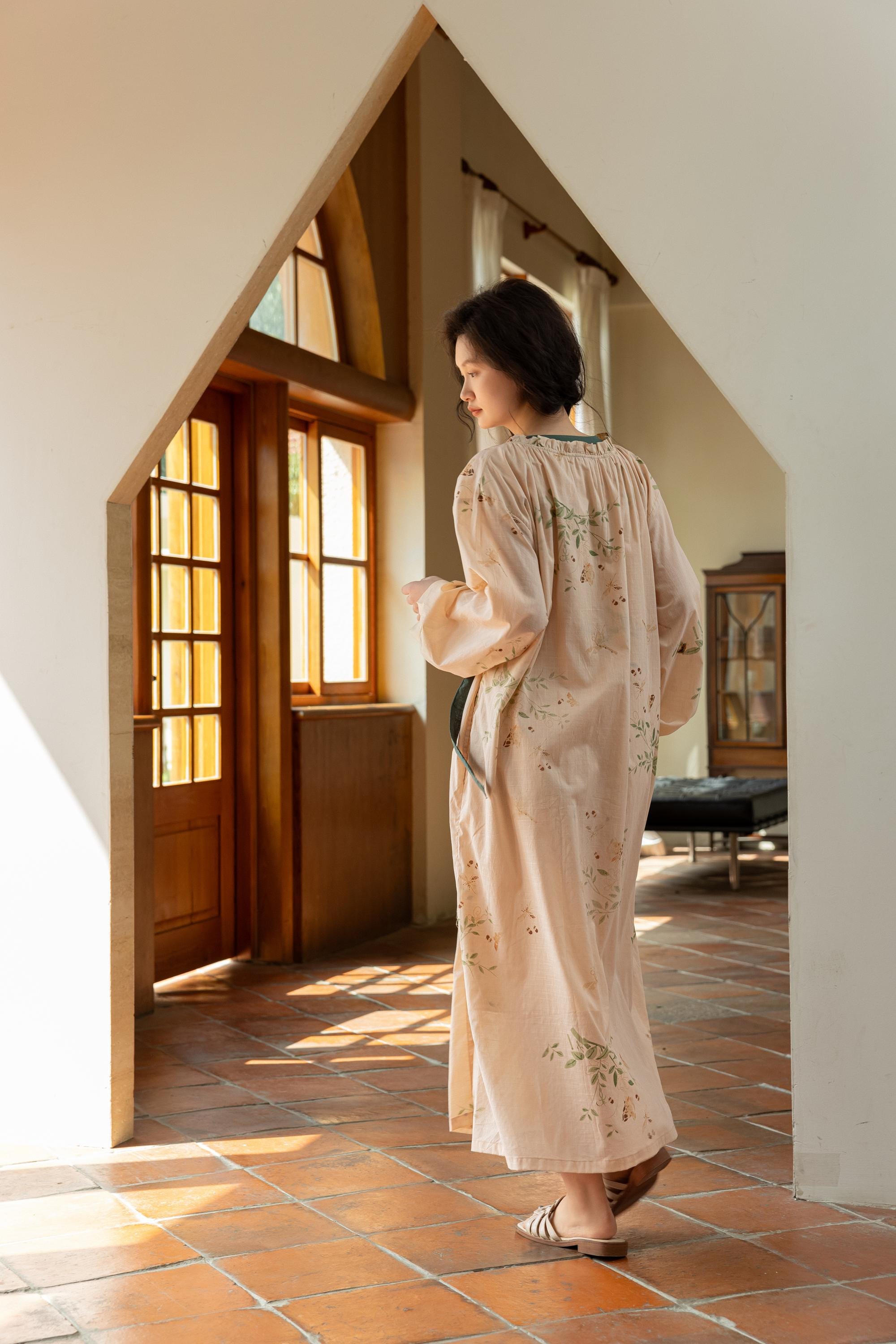 Lian Loungewear embroidered bamboo cotton kimono-style bathrobe, lightweight loungewear with intricate embroidery, full-length design.