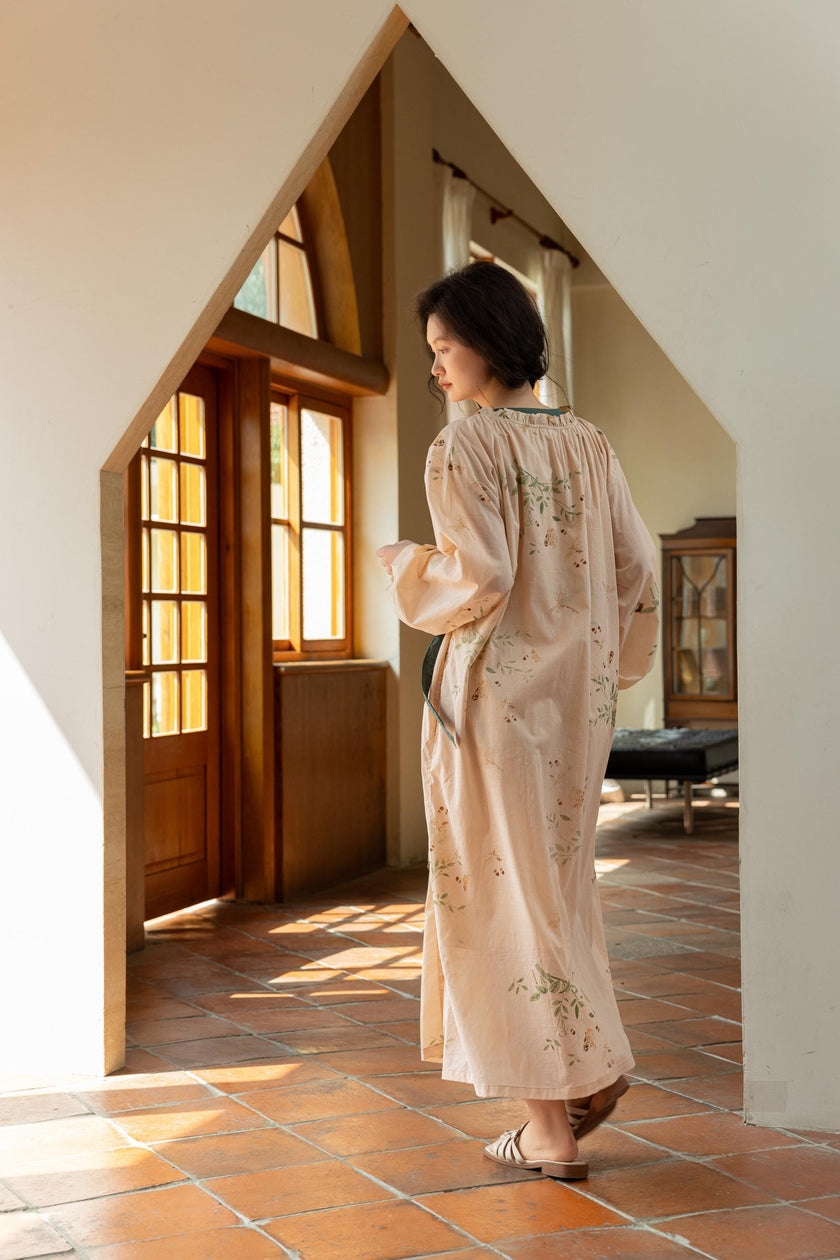 Lian Loungewear embroidered bamboo cotton kimono-style bathrobe, lightweight loungewear with intricate embroidery, full-length design.