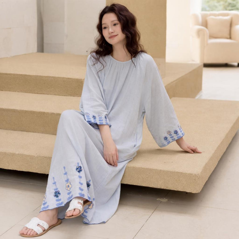 Baby blue gauze cotton dressing gown for women, loose fit nightwear with 3/4 sleeves by Lian Loungewear.