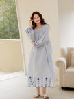 Baby blue gauze cotton dressing gown for women with 3/4 sleeves, loose fit nightwear from Lian Loungewear.