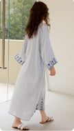 Baby blue gauze cotton dressing gown for women by Lian Loungewear, featuring 3/4 sleeves and loose fit nightwear style.