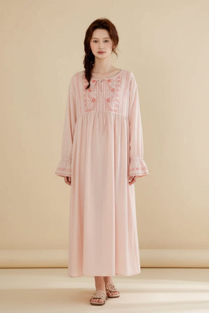Lian Loungewear bamboo cotton embroidered pajama dress with delicate floral embroidery, soft fabric, and relaxed fit.