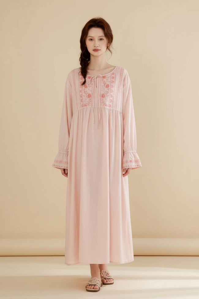 Lian Loungewear bamboo cotton embroidered pajama dress with delicate floral embroidery, soft fabric, and relaxed fit.